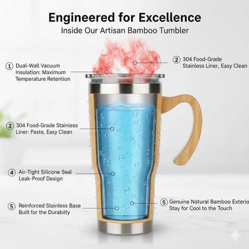 Bamboo Travel Mug Engraved Mandala – Stainless Steel Tumbler, 20 oz