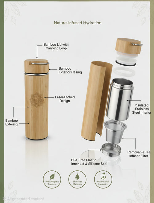 Bamboo Water Bottle – Mandala engraved  Insulated Stainless Steel Thermos