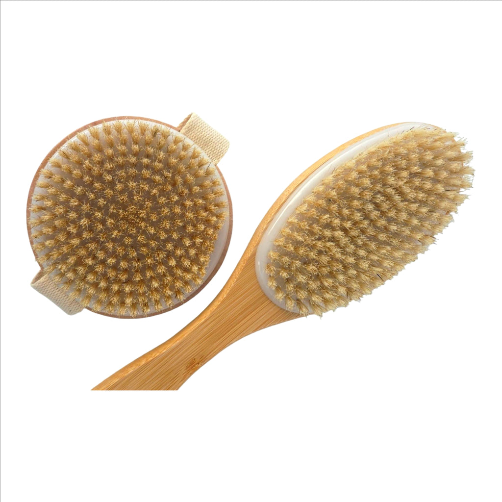 Bamboo Body brush set-dual- sided back scrubber with anti slip grip