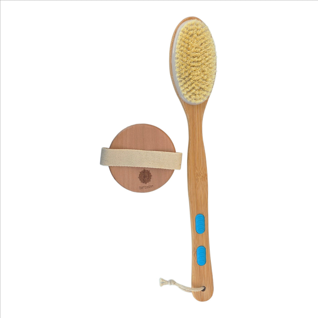 Bamboo Body brush set-dual- sided back scrubber with anti slip grip